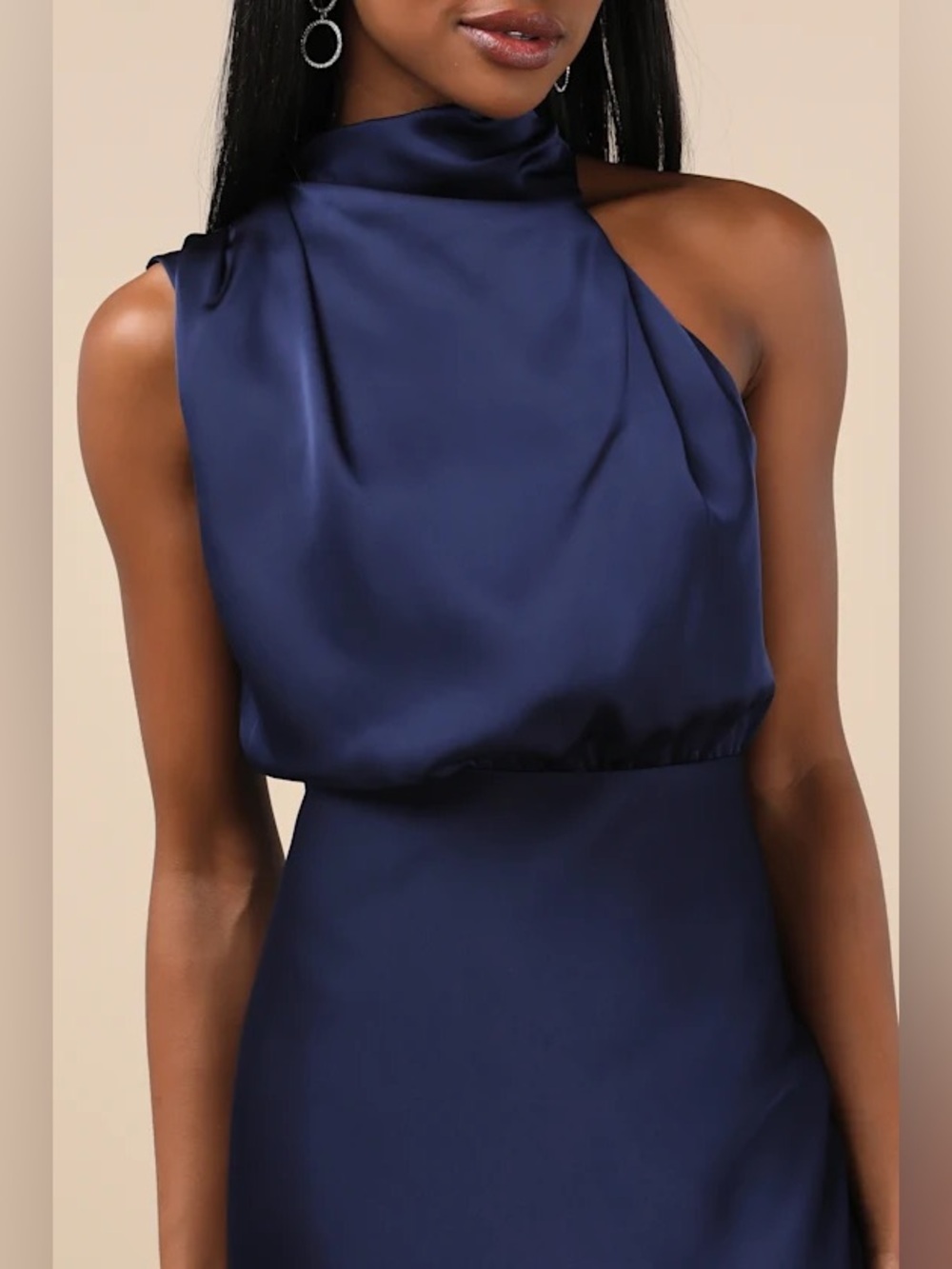 Lulus Distinctive Charm Navy Satin Asymmetrical Midi Dress - Picture 3 of 4